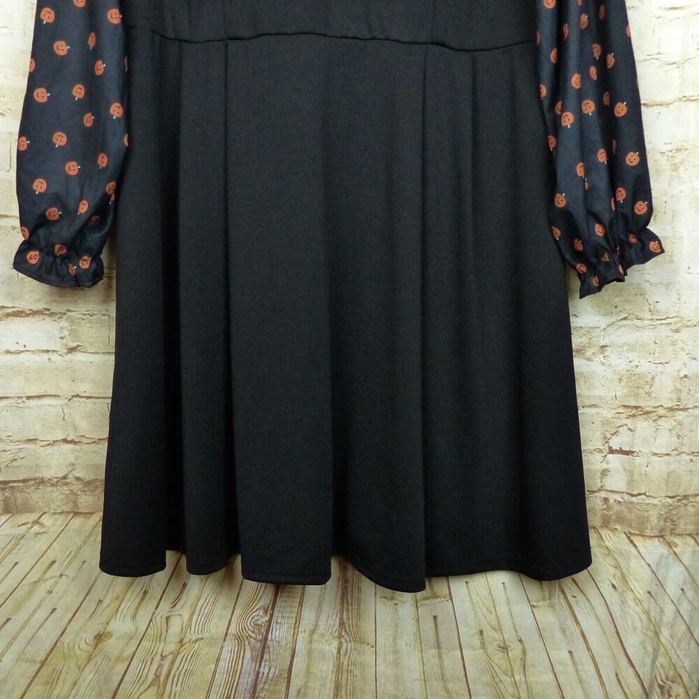 Pumpkin Print Halloween Dress Womens 4XL Black Contrast Long Sleeves Tie Neck - Picture 5 of 14